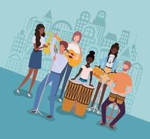 group of interracial people playing music in a band vector