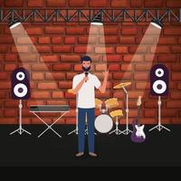 man singing with microphone at a concert stage vector