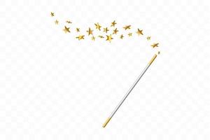 Magic wand with 3d stars on transparent background. Trace of gold dust. Magic abstract background isolated. Miracle and magic. Vector illustration.