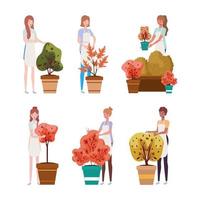 group of women with autumn plants vector