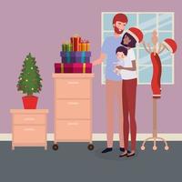 familia interracial celebrando la navidad en casa vector