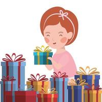 little girl with christmas gifts celebration vector