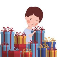 little boy with christmas gifts celebration vector