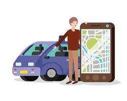 young man with smartphone and gps app vector