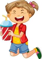 personaje de dibujos animados de niña feliz sosteniendo un vaso de plástico