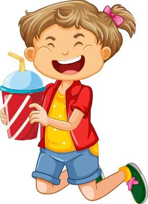 Happy girl cartoon character holding a drink plastic cup