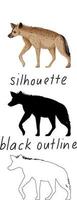 Set of hyena in color, silhouette and black outline on white background vector