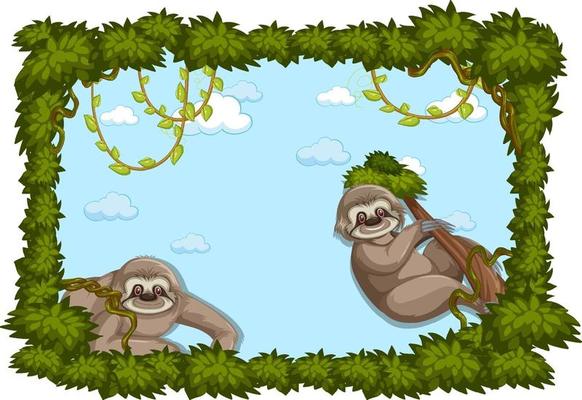 Empty banner with leaves frame and sloth cartoon character