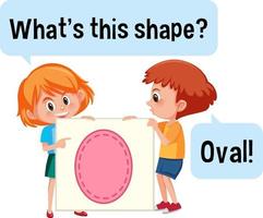 Kids holding oval shape banner with What's this shape font vector