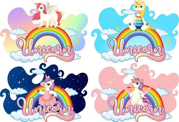 Set of different unicorn cartoon character on rainbow with unicorn font