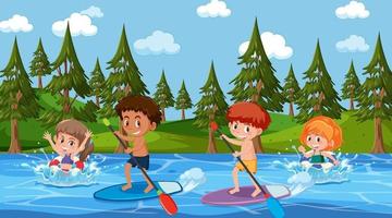 Forest scene with children on surfboard in the river vector
