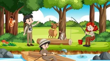 Camping in the forest scene with many children doing different activities vector