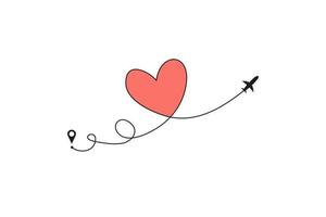 Plane and its track in the shape of a heart on white background. Vector illustration. Aircraft flight path and its route