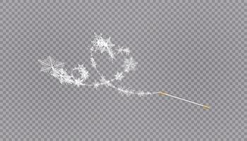 Magic wand with heart shaped snowflakes in a flat style in continuous drawing lines. Trace of white dust. Magic abstract background isolated. Miracle and magic. vector