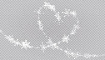 Heart shaped snowflakes in a flat style in continuous drawing lines. Trace of white dust. Magic abstract background isolated. Miracle and magic. vector