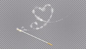 Magic wand with heart shaped snowflakes in a flat style in continuous drawing lines. Trace of white dust. Magic abstract background isolated. Miracle and magic. vector