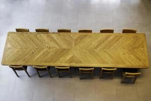 Overhead view of long wooden table