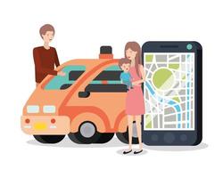 young couple with smart car and gps device vector