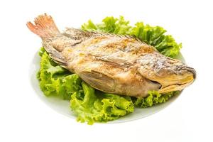 Pescado a la parrilla en un plato blanco foto