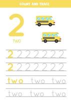 Tracing numbers worksheet with cartoon school buses. vector