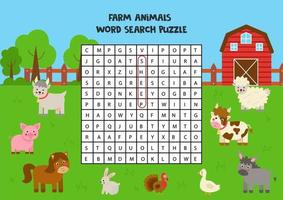 Farm animals search puzzle for preschool kids. vector