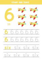 Tracing numbers worksheet with cartoon air planes. vector