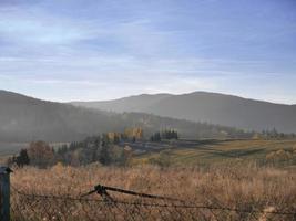 Landscape of trees in a field with Bieszczady Mountains and cloudy blue sky in Poland photo