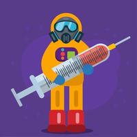 person wearing hazmat holding medical syringe illustration in flat style vector