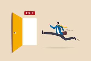 businessman worker in suit running in hurry to emergency door with the sign exit vector