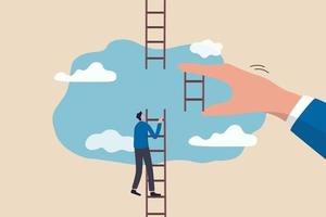 businessman climbing up to top of broken ladder with huge helping hand vector