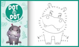 Connect the dots kids game and coloring page with a cute hippo character illustration vector