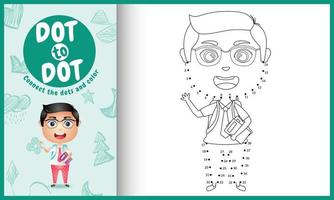 Connect the dots kids game and coloring page with a cute boy student character illustration vector