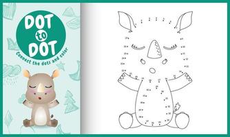 Connect the dots kids game and coloring page with a cute rhino character illustration vector