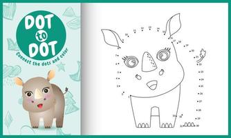 Connect the dots kids game and coloring page with a cute rhino character illustration vector