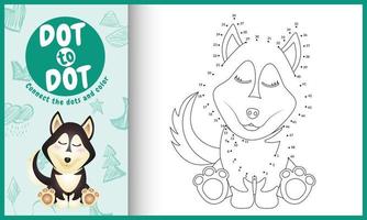 Connect the dots kids game and coloring page with a cute husky dog character illustration vector