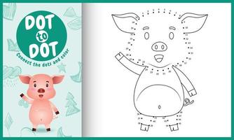 Connect the dots kids game and coloring page with a cute pig character illustration vector