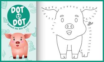 Connect the dots kids game and coloring page with a cute pig character illustration vector