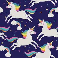 Seamless pattern with unicorns, clouds. stars on blue background. Vector illustration.