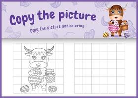 copy the picture kids game and coloring page themed easter with a cute buffalo holding the bucket egg and easter egg vector