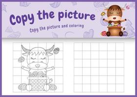 copy the picture kids game and coloring page themed easter with a cute buffalo and bucket egg vector