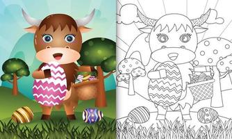 Libro para colorear para niños con temática feliz día de pascua con ilustración de personaje de un lindo búfalo sosteniendo el huevo de cubo y el huevo de pascua vector