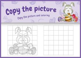 copy the picture kids game and coloring page themed easter with a cute rabbit using bunny ears headbands hugging eggs vector