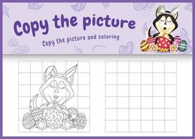 copy the picture kids game and coloring page themed easter with a cute husky dog using bunny ears headbands hugging eggs vector