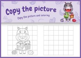 copy the picture kids game and coloring page themed easter with a cute hippo holding the bucket egg and easter egg vector