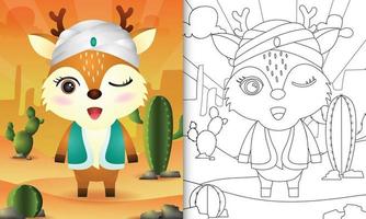 coloring book for kids themed ramadan with a cute deer using arabic traditional costume vector