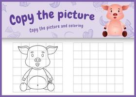 Copie la imagen del juego para niños y la página para colorear con una linda ilustración de personaje de cerdo vector