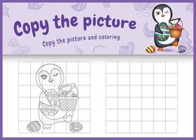Copie la imagen del juego para niños y la página para colorear de Pascua con un lindo pingüino sosteniendo el huevo de cubo y el huevo de Pascua vector