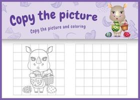 copy the picture kids game and coloring page themed easter with a cute rhino holding the bucket egg and easter egg vector