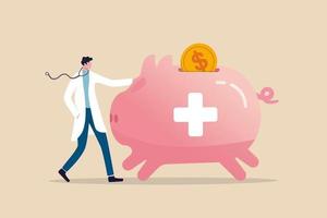 doctor with stethoscope standing with huge pink piggy bank with medical sign vector