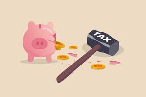 broken pink piggy bank with coins and hammer with the word tax vector